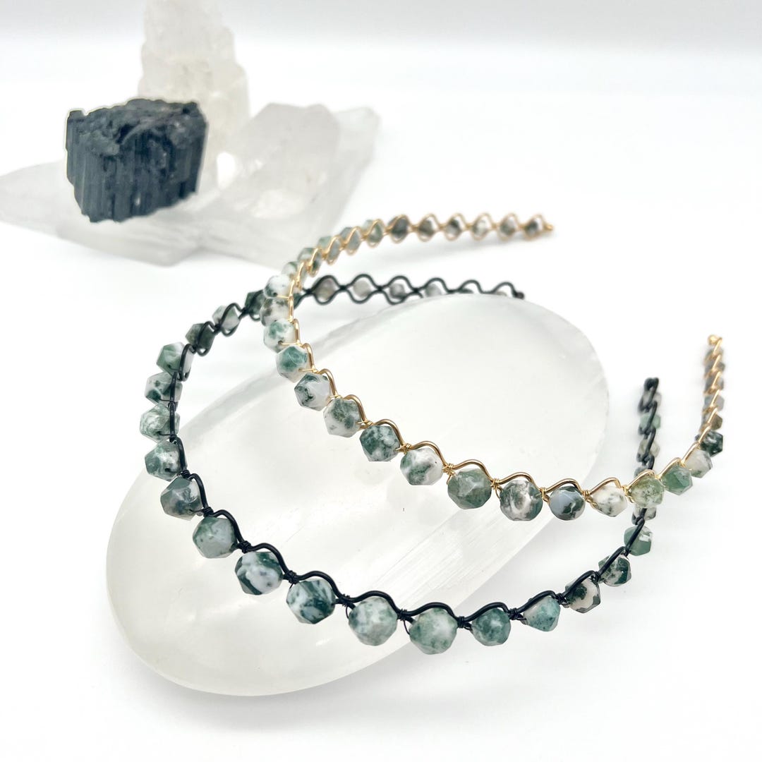 Tree Agate Gemstone Headband, Genuine Stone Beaded Hairband, Natural ...