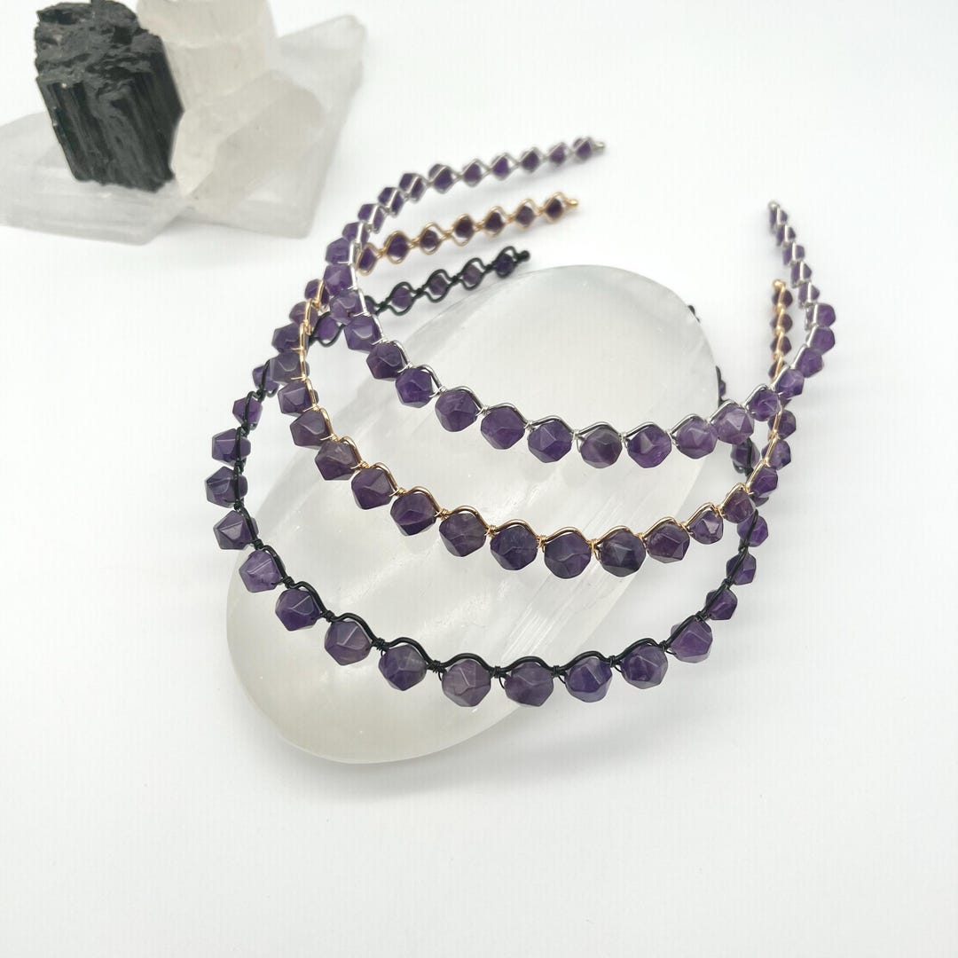 New handmade boutique stones beads flexible wide headband purple Purple Crystal Headband | Wide Gemstone Statement Headband  main image 3