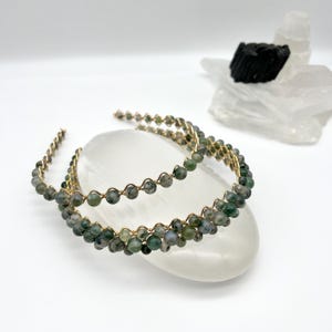 Moss Agate Gemstone Headband, Genuine Green Stone Beaded Crown, Natural Stone Headpiece, Crystal Hairband