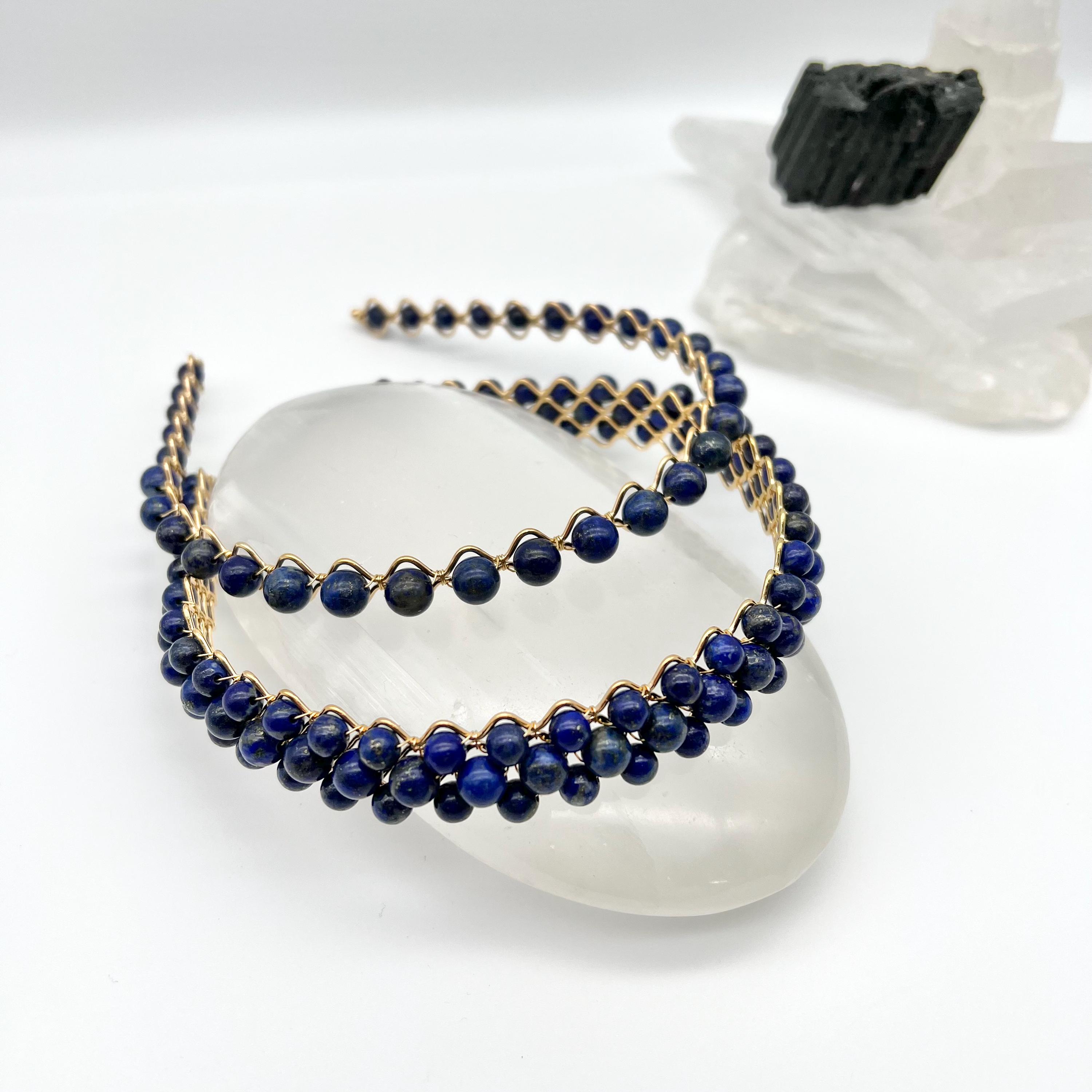 Blue Goldstone and Austrian Crystal Hand wired Headband. Blue Stone Headband - Etsy main image 2