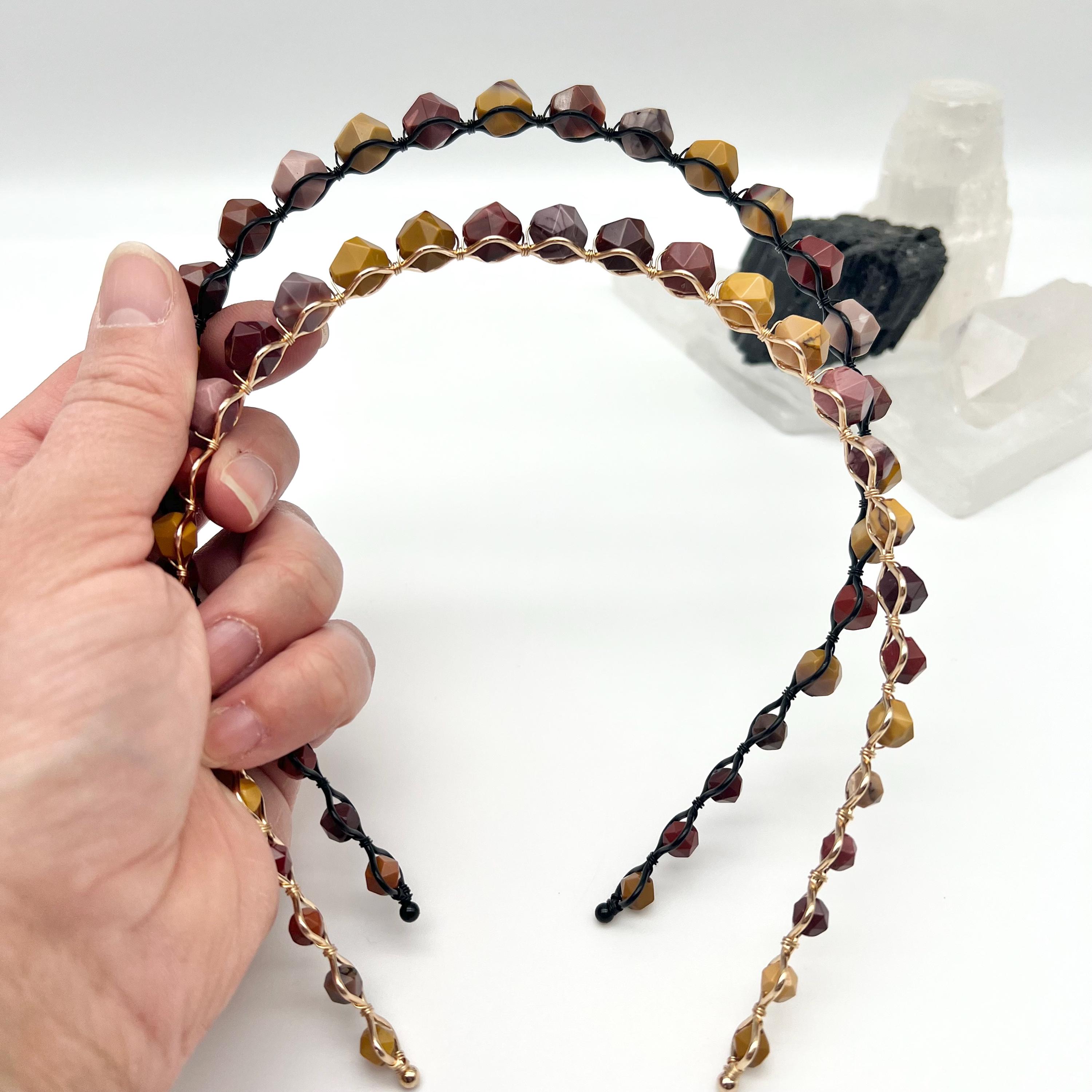 New handmade boutique stone beads shiny flexible wide headband gold Twine and Love | Padded Jeweled Headband | Embellished Headbands main image 4