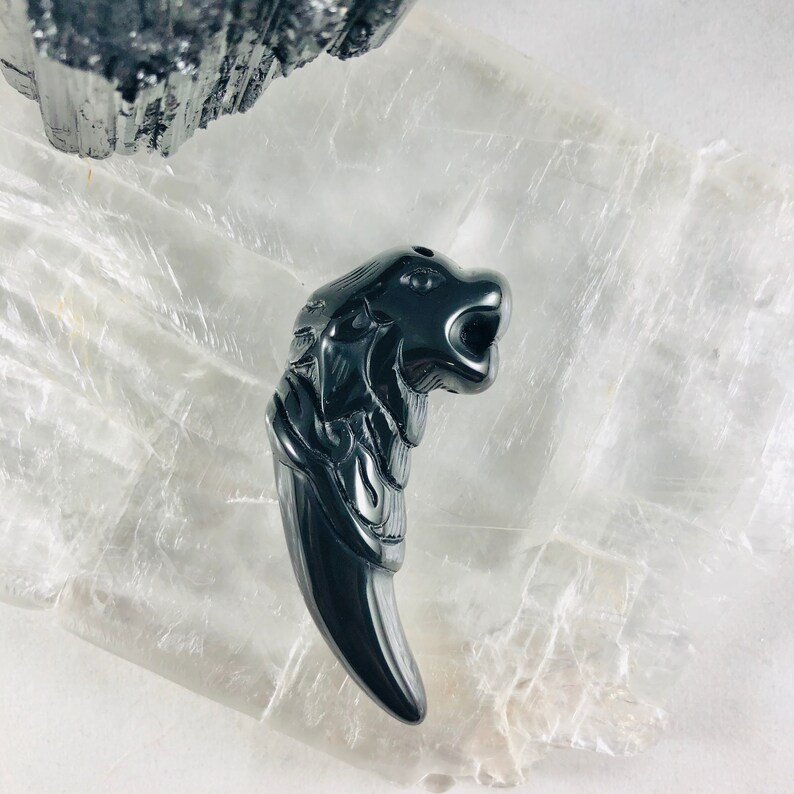 Black Agate Wolf Gemstone Pendant, Genuine Stone Tooth, Fang, Natural Stone Wolf Spirit Animal Necklace image 3