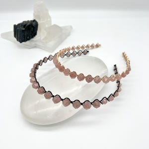 Strawberry Quartz Gemstone Headband, Genuine Stone Beaded, Natural Stone Handmade Hair Accessory, Black Band