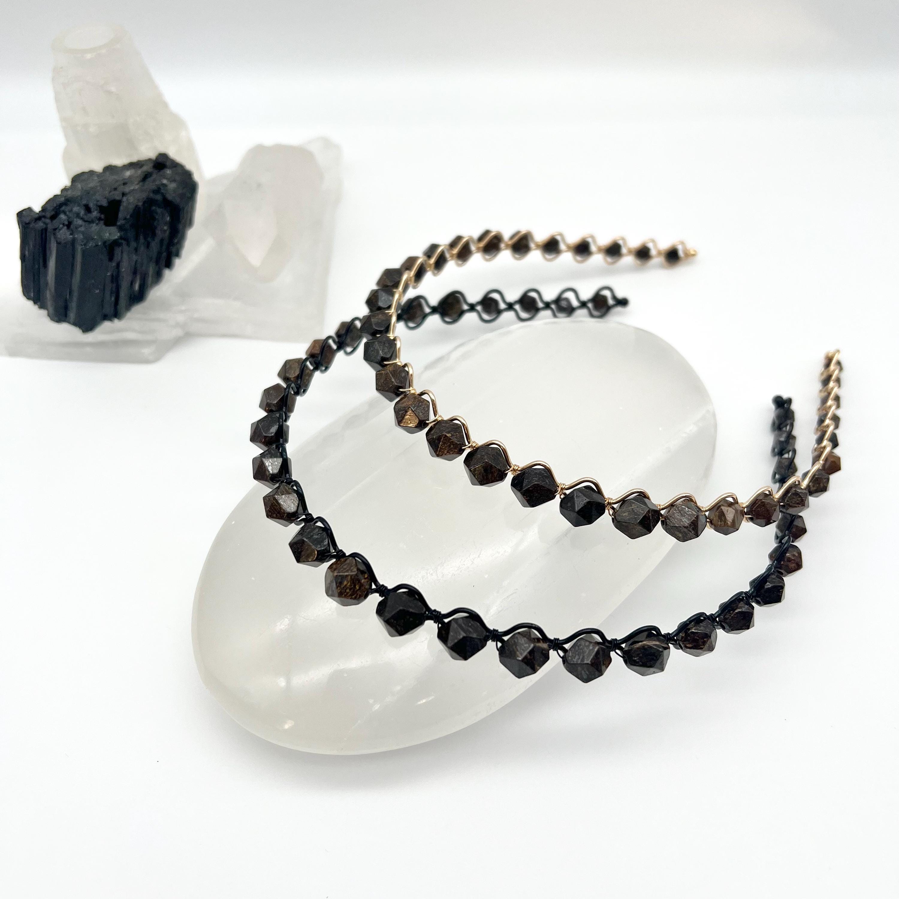 Bronzite Gemstone Headband, Genuine Brown Stone Beaded 