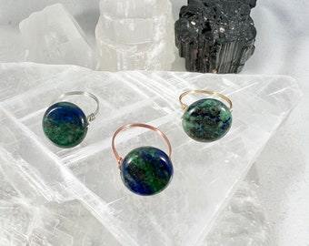 Azurite Ring, Coin, Genuine Stone, Gemstone Ring