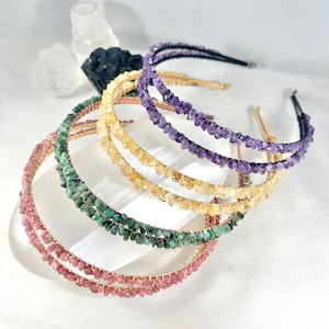 Gemstone Double Headband, Natural Stone Chip Hair Band, Handmade Genuine Stone Beaded Headpiece