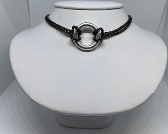 Sterling silver captive ring choker for submissive, slave, or little day collar.   Black and polished silver, or all polished silver options