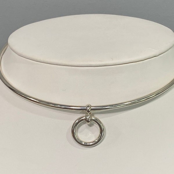 Sterling silver rigid slave collar with ring pendant and hidden closure