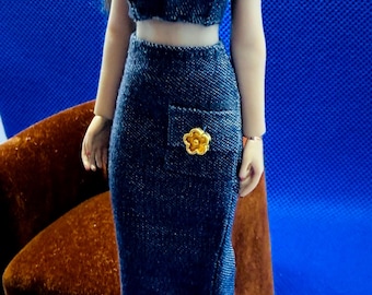 1:12 Scale Denim Halter Top & Skirt Set for 6” TBLeague Female Doll