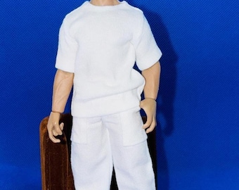 1:12 Scale White T-Shirt & Pants Set for 6” TBLeague Phicen Male Doll