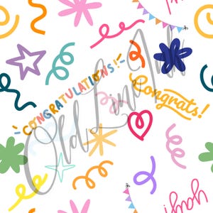 Può includere: Uno sfondo bianco è ricoperto di coriandoli, stelle e nastri colorati. Le parole "Congratulations!" e "Congrats!" sono scritte in un carattere giocoso. Un cuore rosa e una piccola ghirlanda aggiungono al design festivo.