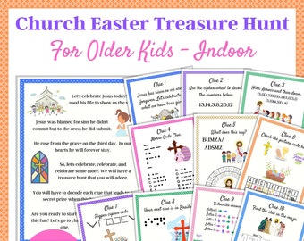 Church Easter Treasure Hunt, Bible themed, Indoor Scavenger Hunt, Game for older kids, Treasure Hunt clues,  Teenagers Easter Activity