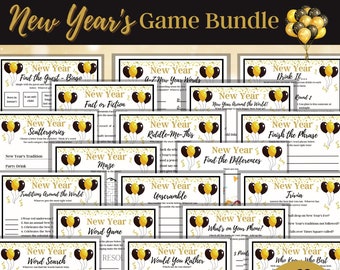 May include: A set of 20 printable New Year's Eve party games featuring gold and black balloons. The games include: Find the Guest Bingo, A-Z New Year Words, Fact or Fiction, Scattergories, New Year's Tradition, Maze, Traditions Around the World, Word Game, Riddle Me This, Unscramble, Would You Rather, New Year Around the World, Find the Differences, What's on Your Phone, Drink If, Finish the Phrase, Trivia, Who Knows Who Best, and Emoji Pictionary.