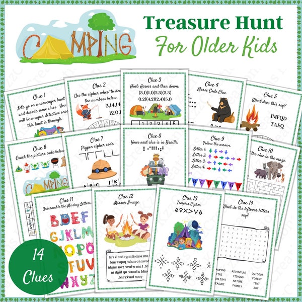 Camping Treasure Hunt, Outdoor Scavenger Hunt, Game for older kids, Treasure Hunt clues, Crack the Codes, Treasure hunt clue cards