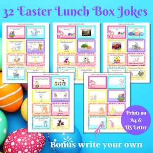 May include: A set of 32 printable Easter lunch box jokes featuring colourful cards with bunny illustrations and Easter-themed puns. The cards are designed to be printed on A4 or US Letter size paper.