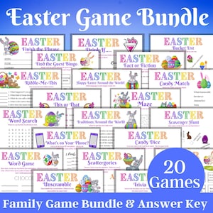 May include: A colorful set of 20 printable Easter games for families. The games include word searches, riddles, bingo, trivia, and more. The games are illustrated with cute bunnies and Easter eggs.