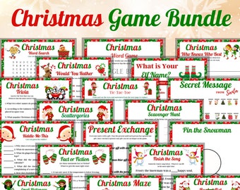 May include: A collection of 20 Christmas-themed games, including word searches, trivia, and scavenger hunts. The games feature festive designs with red, green, and white borders, and include titles like "What is Your Elf Name?" and "Christmas Maze."