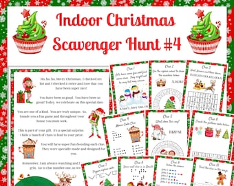 Puede incluir: Un juego de búsqueda del tesoro de Navidad imprimible con diez pistas. El juego presenta un esquema de color rojo y verde festivo con copos de nieve y árboles de Navidad. Las pistas incluyen una variedad de rompecabezas, como una rueda de cifrado, un código de imagen y un laberinto.