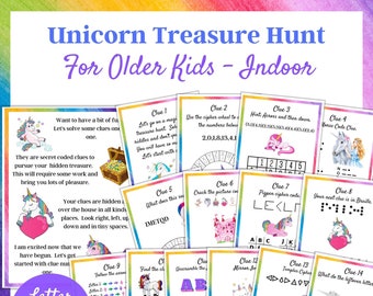 Unicorn Treasure Hunt, Unicorn Letter, Indoor Scavenger Hunt, Game for older kids, Treasure Hunt clues,  9+, Tween, Teenager Activity