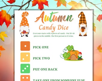 Jeu de dés de bonbons d'automne, jeu d'automne imprimable, activité d'automne pour adultes et enfants, jeu d'automne amusant, Halloween, Thanksgiving