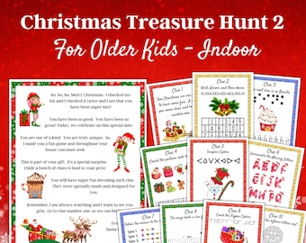Puede incluir: Un juego de búsqueda del tesoro navideño para niños mayores con un esquema de color rojo y verde. El juego incluye diez pistas con varios rompecabezas y acertijos. Las pistas están impresas en tarjetas individuales con ilustraciones de Papá Noel, elfos y decoraciones navideñas.