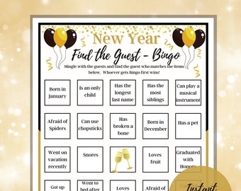 New Years Eve Find the Guest Bingo Game,  Printable NYE Game, Activity for Families,  New Years Party Game, For Kids and Adults