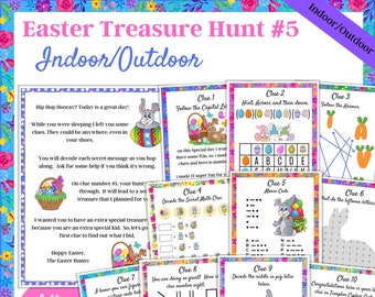 Può includere: Un gioco di caccia al tesoro di Pasqua stampabile e colorato con 10 indizi per i bambini. Gli indizi includono un puzzle di lettere maiuscole, un puzzle di codice Morse, un indizio di matematica segreto, un codice di immagine, un indovinello in latino di maiale e un codice di cifra templare. Il gioco presenta un coniglio e uova di Pasqua.