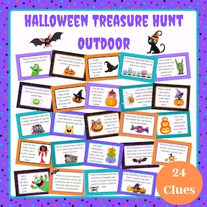 Halloween Scavenger Hunt, Outdoor Halloween Treasure Hunt, Halloween Game for kids, 24 riddle clues,  Halloween Activity for Kids,