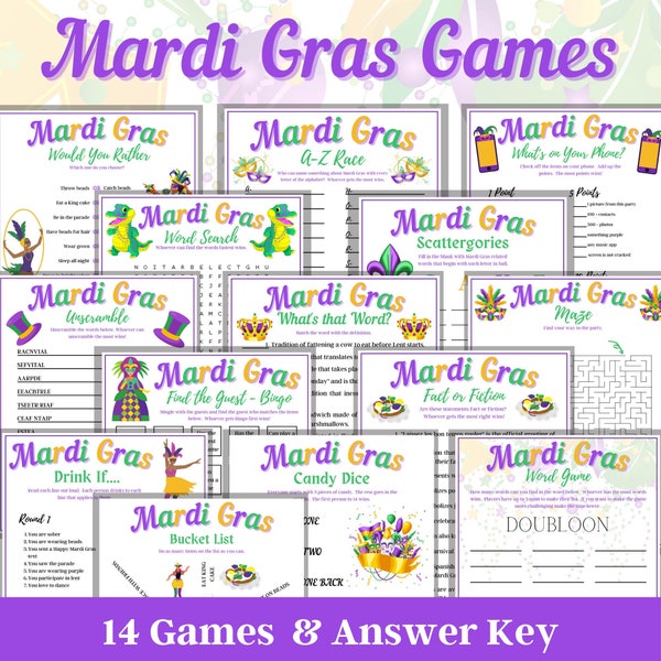 Mardi Gras Games Bundle, Family Games, Mardi Gras Activities for kids, Games for Adults, Drinking Game, Games for Seniors, Classrooms