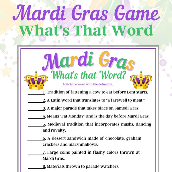 Mardi Gras Game - What's That Word, Family Game, Mardi Gras Activity, Adult Game, Games for Seniors, Classroom Game, Kids Game