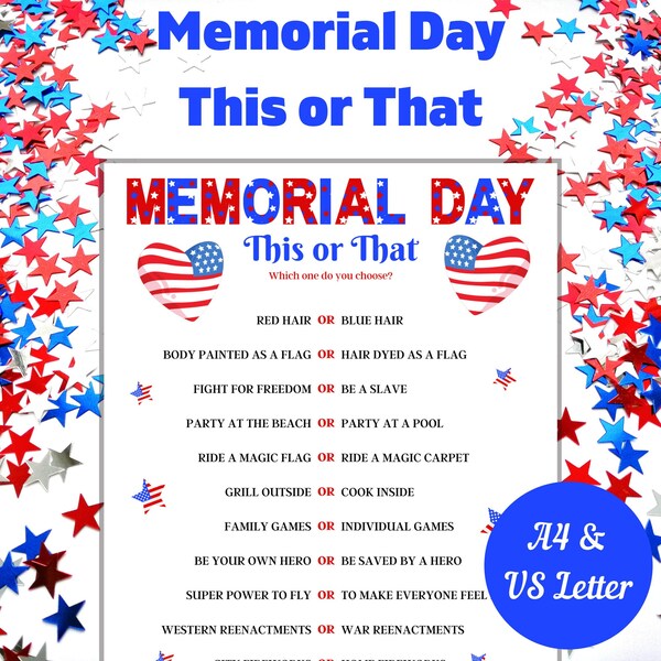 Memorial Day This or That Game, Printable Family Game, Game for kids, Game for Adults, Memorial Day Activity, Senior Game