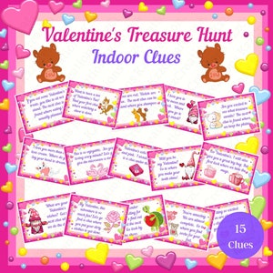 Valentine's Treasure Hunt, Valentine's Indoor Scavenger Hunt, Game for kids, Valentine Activity for children, Instant Download, Clue Cards