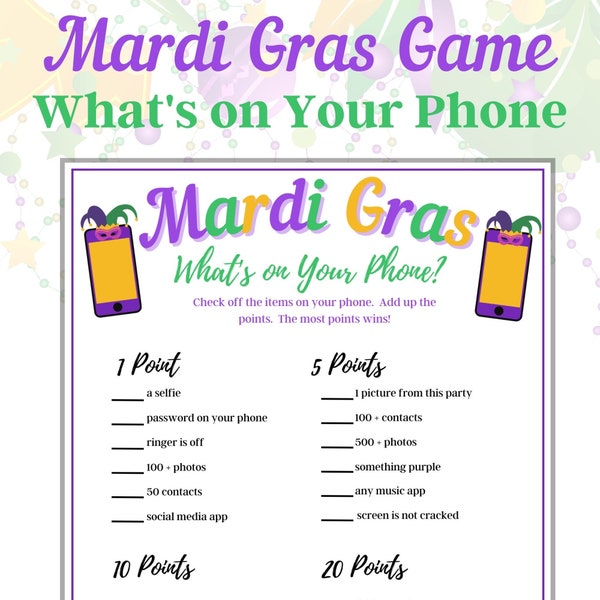 Mardi Gras What's on Your Phone, Family Game, Mardi Gras Activity, Adult Game, Games for Seniors, Classroom Game, Kids Game