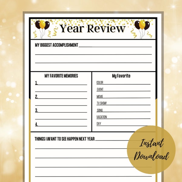 New Years Review, New Years Resolutions, Things to Remember, Printable Activity, New Years Party Activity, For Kids and Adults
