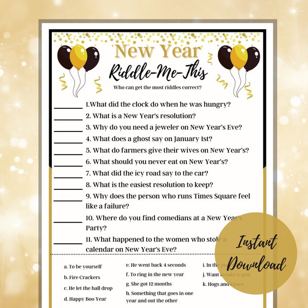 New Years Eve Riddle-Me-This, Printable NYE Game, Activity for Families, New Years Riddles,  Party Game, For Kids and Adults