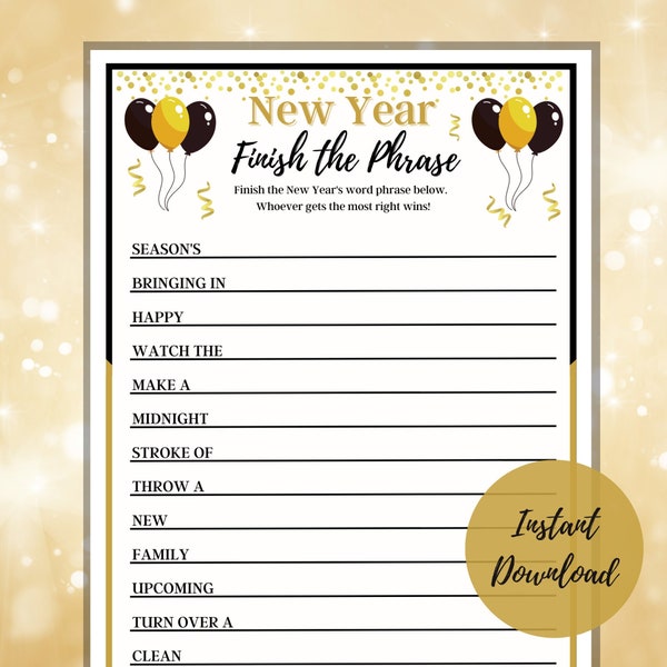 New Years Eve Finish the Phrase,  Printable NYE Game, Activity for Families,  New Years Party Game, For Kids and Adults