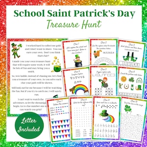 May include: A printable treasure hunt game for a school Saint Patrick's Day celebration. The game includes ten clues with different puzzles to solve. The clues are illustrated with leprechauns, rainbows, and shamrocks.