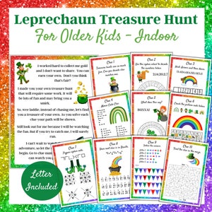 Leprechaun Treasure Hunt, Indoor, Saint Patrick's Day Scavenger Hunt, Game for older kids, Difficult, Treasure Hunt clues,  Teenagers