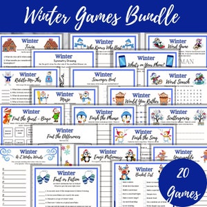 May include: A set of 20 printable winter-themed games for kids. The games include a variety of activities, such as word searches, mazes, bingo, and trivia. The games are illustrated with penguins, snowmen, and other wintery characters.