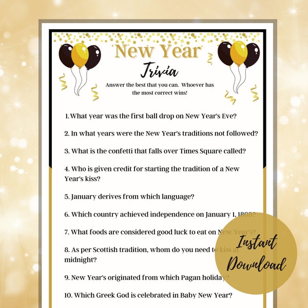 New Years Eve Trivia Game, Printable NYE Game, Activity for Families, New Years Party Game, For Kids and Adults