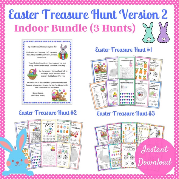 Indoor Easter Scavenger Hunts, Easter Bunny Letter,  3 Indoor Treasure Hunts, Games for Kids, Treasure Hunt clues