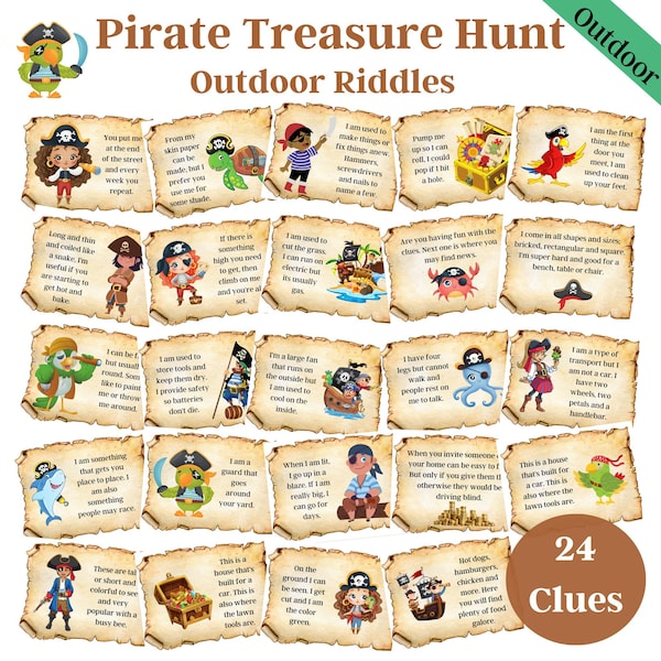 Outdoor Pirate Treasure Hunt, Scavenger Hunt, Riddle Clues, Game for kids, Anytime Game