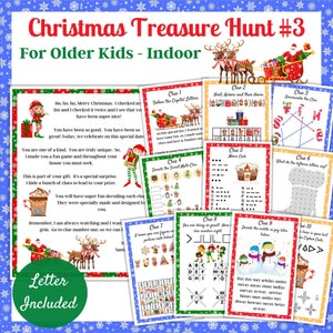 Christmas Scavenger Hunt, Letter from Santa,  Indoor Christmas Treasure Hunt #3, Treasure Hunt Clues,  Game for older kids, Instant Download