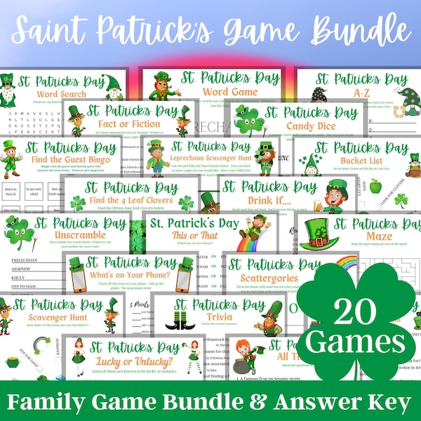 St Patrick's Game Bundle, Printable Family Games, Virtual Party Games, Saint Patty's Activity, Games for kids, Games for Adults, Seniors