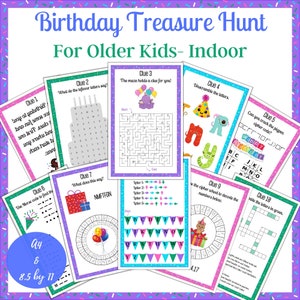 Caça ao tesouro de aniversário, caça ao tesouro em ambientes fechados de aniversário, atividade para adolescentes, jogo para crianças mais velhas, download instantâneo, pré-adolescentes, cartões de dicas