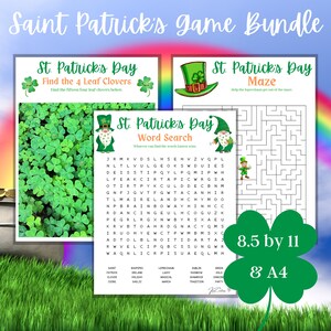 May include: A printable St. Patrick's Day game bundle with three games: Find the 4 Leaf Clovers, Word Search, and Maze. The games are designed for 8.5 by 11 inch paper or A4 paper.