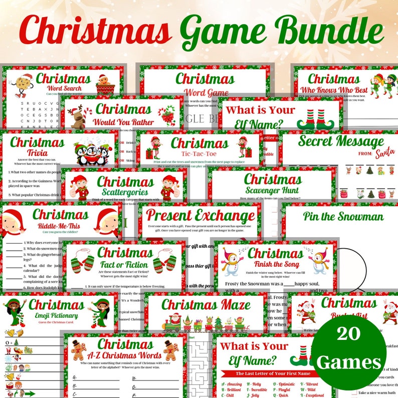20 Printable Christmas Games Bundle, Holiday Party Activities (PDF) - Etsy