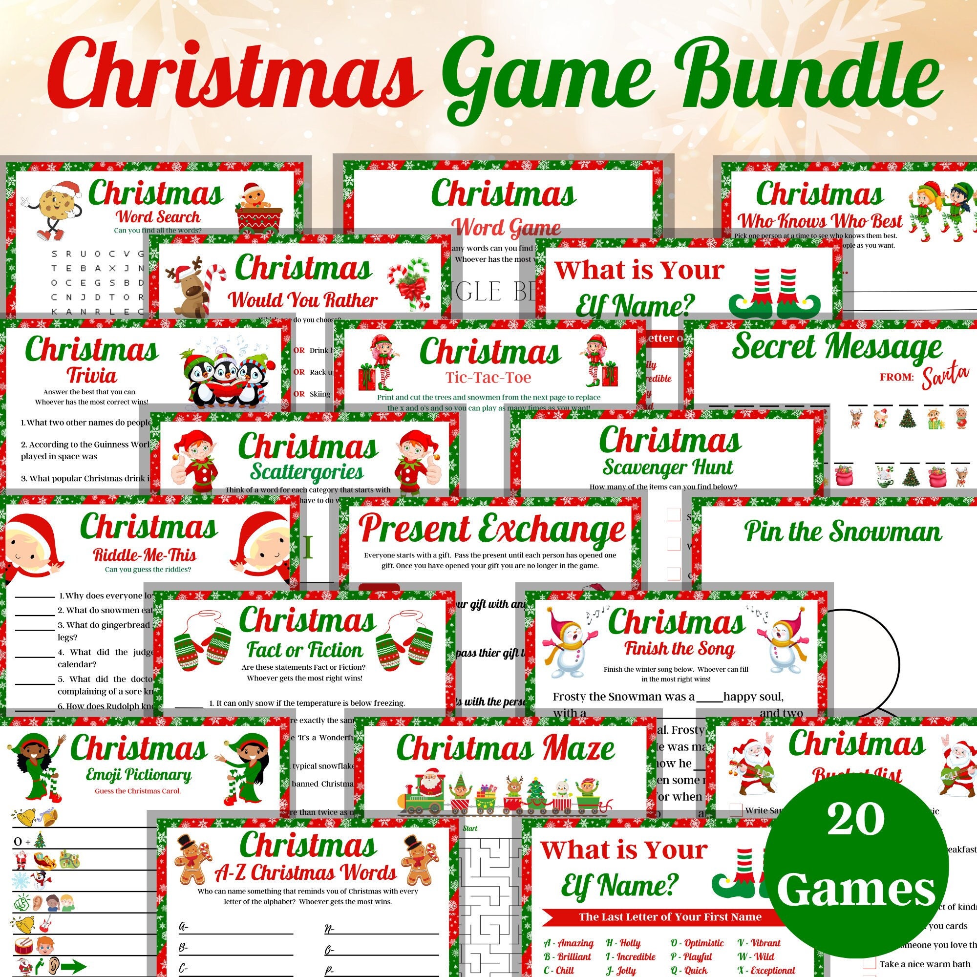 20 Printable Christmas Games Bundle, Holiday Party Activities (PDF) - Etsy