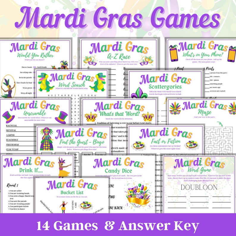 Mardi Gras Games Bundle, Family Games, Mardi Gras Activities for kids, Games for Adults, Drinking Game, Games for Seniors, Classrooms image 1