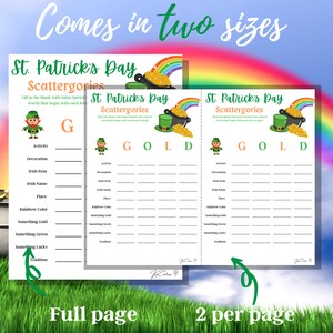 May include: Printable St. Patrick's Day Scattergories game with two different sizes. The game includes a list of categories to fill in with words that start with the letters G, O, L, and D. The game is perfect for a St. Patrick's Day party or celebration.